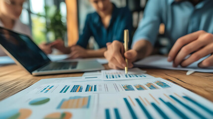  A closeup of a team of analysts looking over a comprehensive investment report 