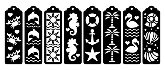 Set of vertical bookmarks with summer beach pattern. Laser cut template. Decorative bookmark stencil for paper, wood and metal cutting. Vector design with sea elements