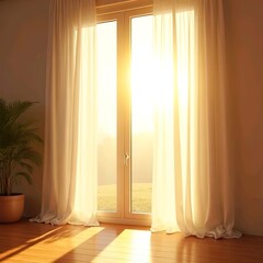 Title:
Morning Sunlight Through Sheer White Curtains onto Light Wooden Floor in a Cozy and Peaceful Room