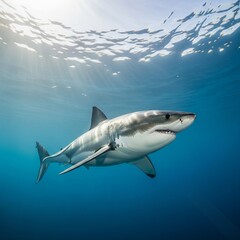Fototapeta premium Fierce Great White Shark Swimming Near Surface 
