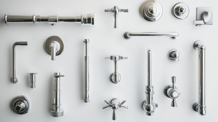 A collection of chrome bathroom fixtures and accessories arranged on a white surface for display purposes