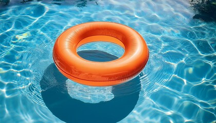 bright orange sale ring floating in clear blue pool water playful summer promotion concept