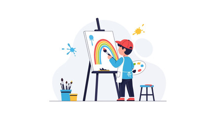 Young Artist Painting Rainbow on Canvas Inspiring Creative Expression and Fun