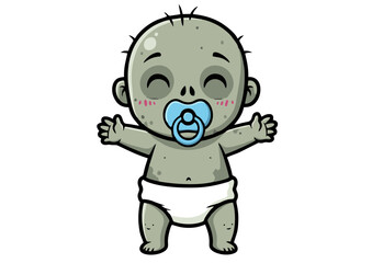 Cartoon Zombie Baby with Pacifier and Diaper Arms Open.