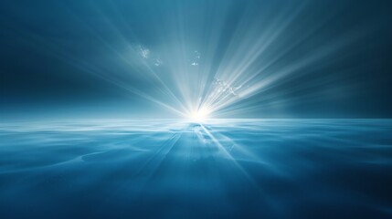 Fototapeta premium horizon with rays of light breaking through clouds, soft mist, deep blue and silver gradient with hints of warm sunrise