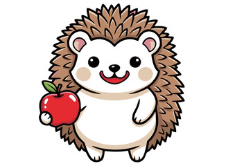 Cute Cartoon Hedgehog Holding a Red Apple.