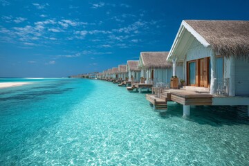 Fototapeta premium Overwater bungalows in the Maldives offer a luxurious tropical escape with stunning turquoise waters.