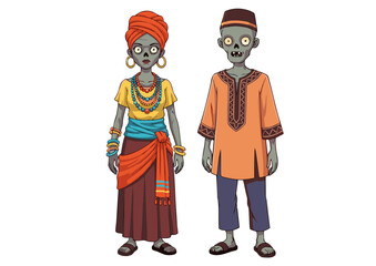 Fototapeta premium Cartoon Zombie Couple in Traditional African Attire with Gray Skin.