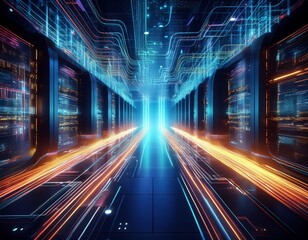 data flows through glowing lines in server room creating a vibrant futuristic cityscape