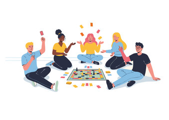 Diverse Group Playing Board Game Sitting on Floor Having Fun Together.