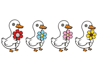 Cartoon Ducks Holding Flowers: Red Blue Pink and Yellow Blossoms.