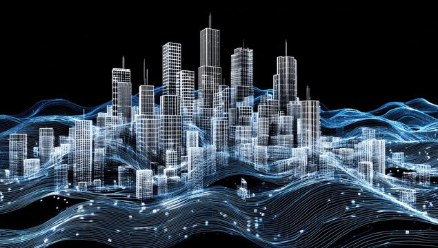 Digital city skyline, abstract waves - Powered by Adobe