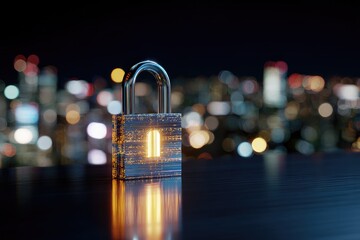 Digital lock over a city at night