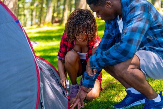 Campers pitching tent in forest on sunny day