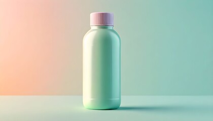 Elegant Pastel Green Bottle with Soft Pink Cap on a Serene Gradient Background, Perfect for Modern Health and Beauty Product Mockups and Advertising Visuals