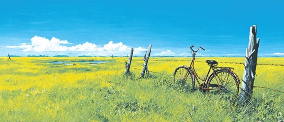 Rusty bicycle in a vibrant yellow field under a clear blue sky