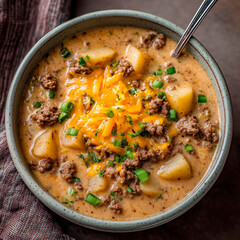 Cheesy Hamburger Potato Soup. Food photography, sharp focus, no text