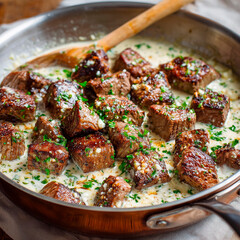 Garlic butter steak bites with parmesan cream sauce.  Food photography , sharp focus, no text
