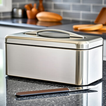 A sleek metal breadbox on a kitchen counter with a loaf of freshly baked bread and a bread knife beside it