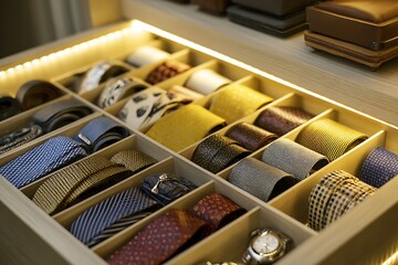 Neatly organized tie drawer with multiple compartments and colorful ties