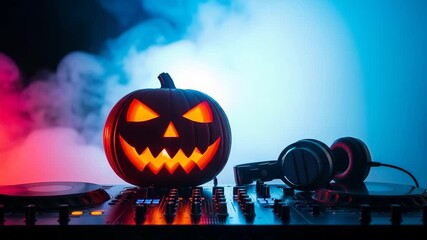 A carved halloween pumpkin with glowing eyes sits on a dj console with headphones illuminated by red and blue lights and smoke - Powered by Adobe
