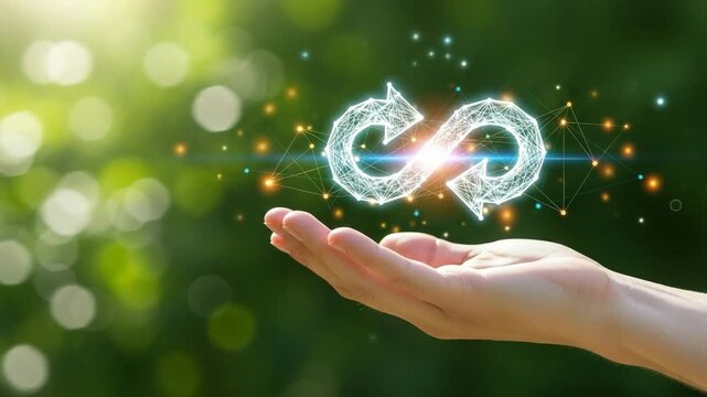 A hand holds a glowing digital symbol of the circular economy against a blurred green natural background