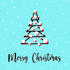 Postcard with fir tree with Christmas decorations. Simple doodle design of fir tree with red, white ornaments, creating festive greeting card. Concept fir tree postcard for Merry Christmas wishes.