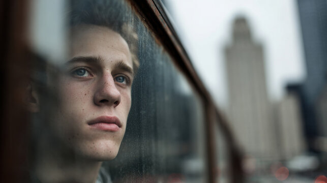 young man with unexpected facial expression gazes out of window against urban architectural backdrop