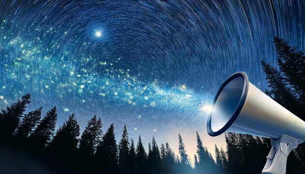 old megaphone sending a message into a starry night sky filled with fireflies in a mysterious forest