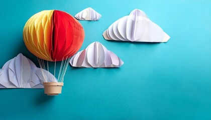 origami made colorful hot air balloon and cloud paper art and digital craft style
