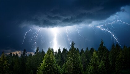 a fierce thunderstorm with striking lightning illuminates a dark dense forest under stormy skies