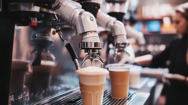 Close-up of a Coffee Machine Pouring Coffee into a Cup in a Cafe, barista preparing coffee for - Powered by Adobe