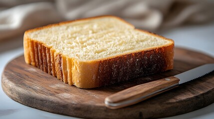 piece of cake on a plate, bread and butter, slice of bread on wooden board, Freshly baked bread slices with butter on a wooden board for a healthy breakfast or snack