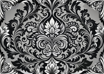 Ornate intricate baroque damask floral gray design