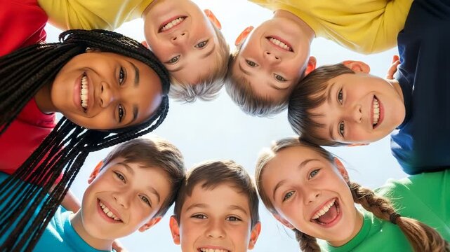 A diverse group of happy children smiling and laughing together in a circle viewed from directly above on a bright sunny day