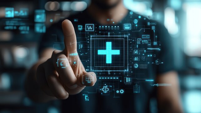 Man points to glowing plus symbol, technology overlaid