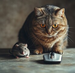 A puzzled beige cat sits at a table where it faces a black rat and a computer mouse