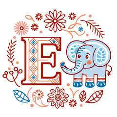 Elephant illustration with letter E surrounded by floral decorations  