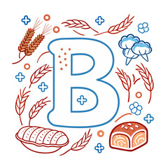 Letter B surrounded by bread and wheat in colorful design  