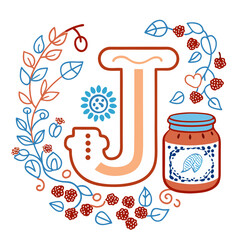 Decorative letter J with jam jar and floral elements  
