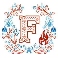 Decorative letter F with floral elements and flames in blue and orange  