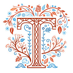 Decorative letter T with tree branch patterns in blue and red colors