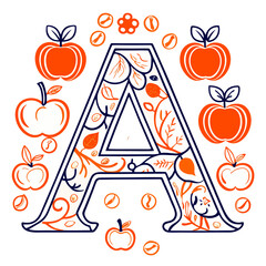 Decorative letter A with apples and floral elements in orange  
