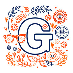 Decorative letter G with glasses and colorful floral elements  