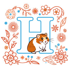 Hamster sitting beside letter H surrounded by floral decorations  