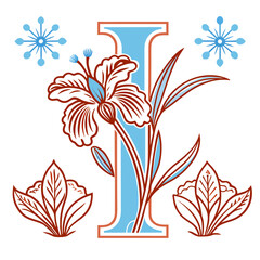Floral letter "I" design decorated with leaves and iris flowers  