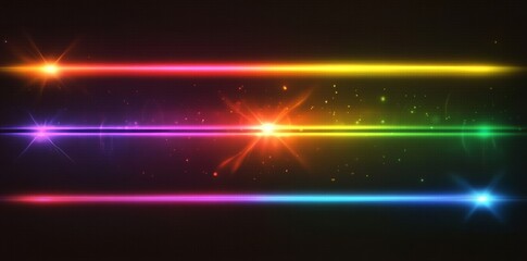 Obraz premium This modern illustration includes a magic wand or rod accompanied by neon glowing sticks, laser beams that have a light thunder bolt effect, iridescent rainbow colors, cyber energy tubes, flying