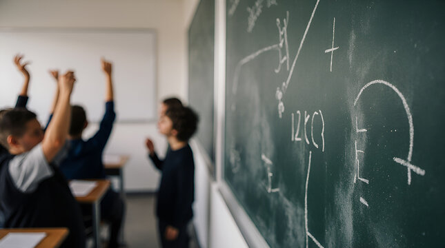 Diverse group of students with raised hands eagerly participating in a math lesson at a blackboard in a classroom.