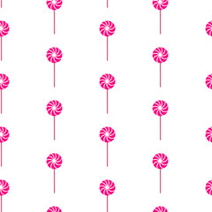Halloween seamless pattern with pink swirl lollipop in spooky style. Repeating lollipop for trick or treat theme. Concept sweet Halloween background with colorful festive lollipop design. Candy wrap
