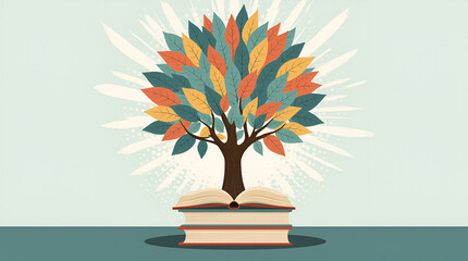 Unlocking the profound concept of intellectual growth A vibrant tree of knowledge blossoms from stacked books, symbolizing education, lifelong learning, and wisdom.